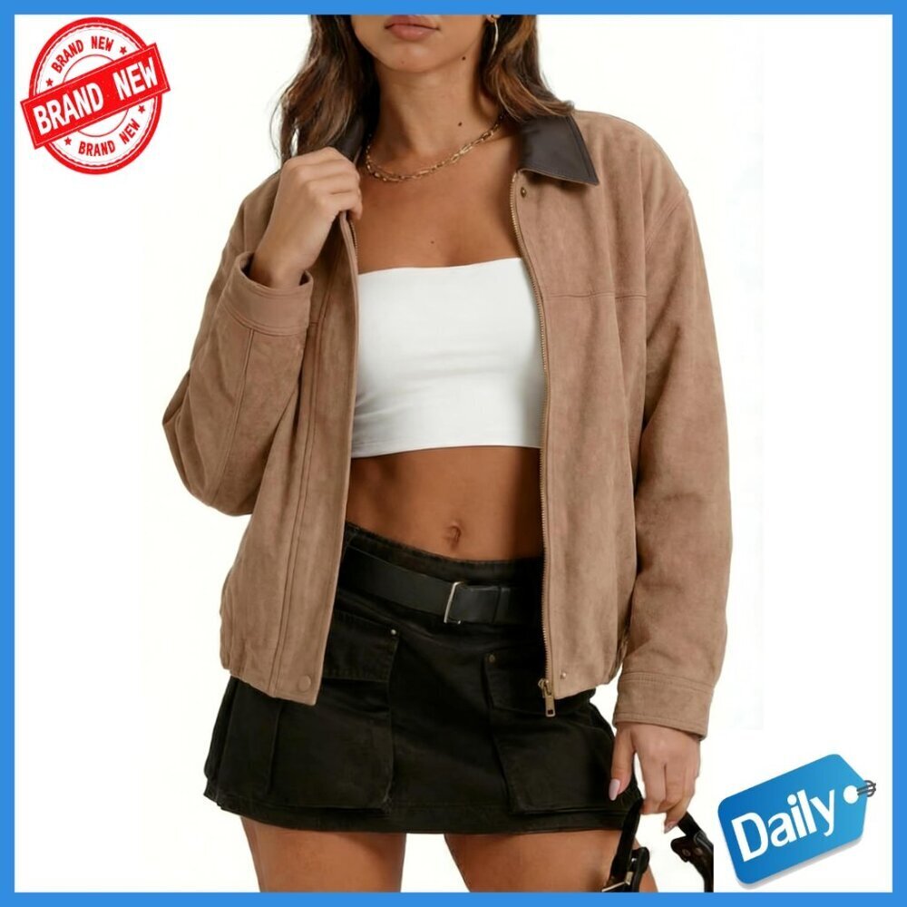 Oversized Faux Suede Bomber Jacket Motorcycle Style Zip Front